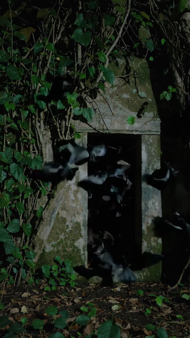 Bats Flying from a Stone Entrance in a Dark Garden