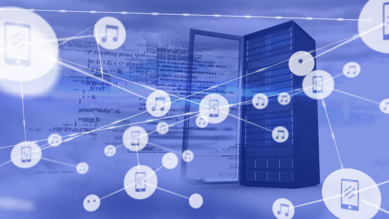 클라우드에 있는 컴퓨터 서버를 통해 아이콘과 데이터로 연결된 네트워크의 애니메이션