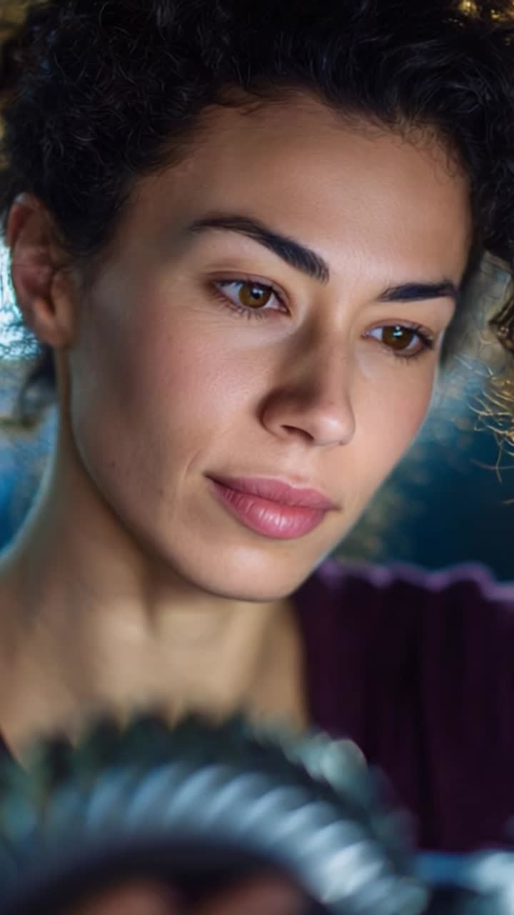 Captivating Focus: A Close-Up of a Thoughtful Woman Gazing Intently with Artistic Lighting and Soft Features Contrast in an Engaging Moment of Reflection