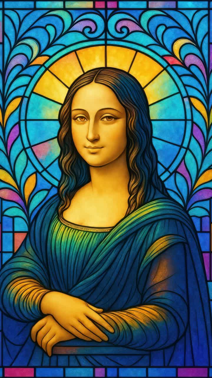 Vibrant stained glass artwork of a woman, captured from a front angle