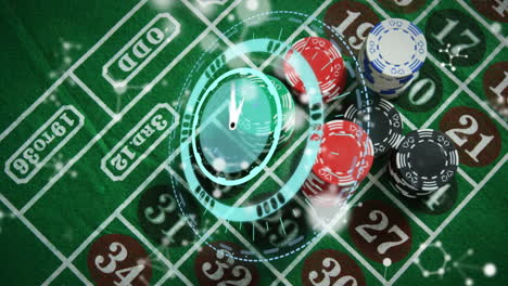 animation of clock with turning hands, over white networks and poker chips stacked on gambling table