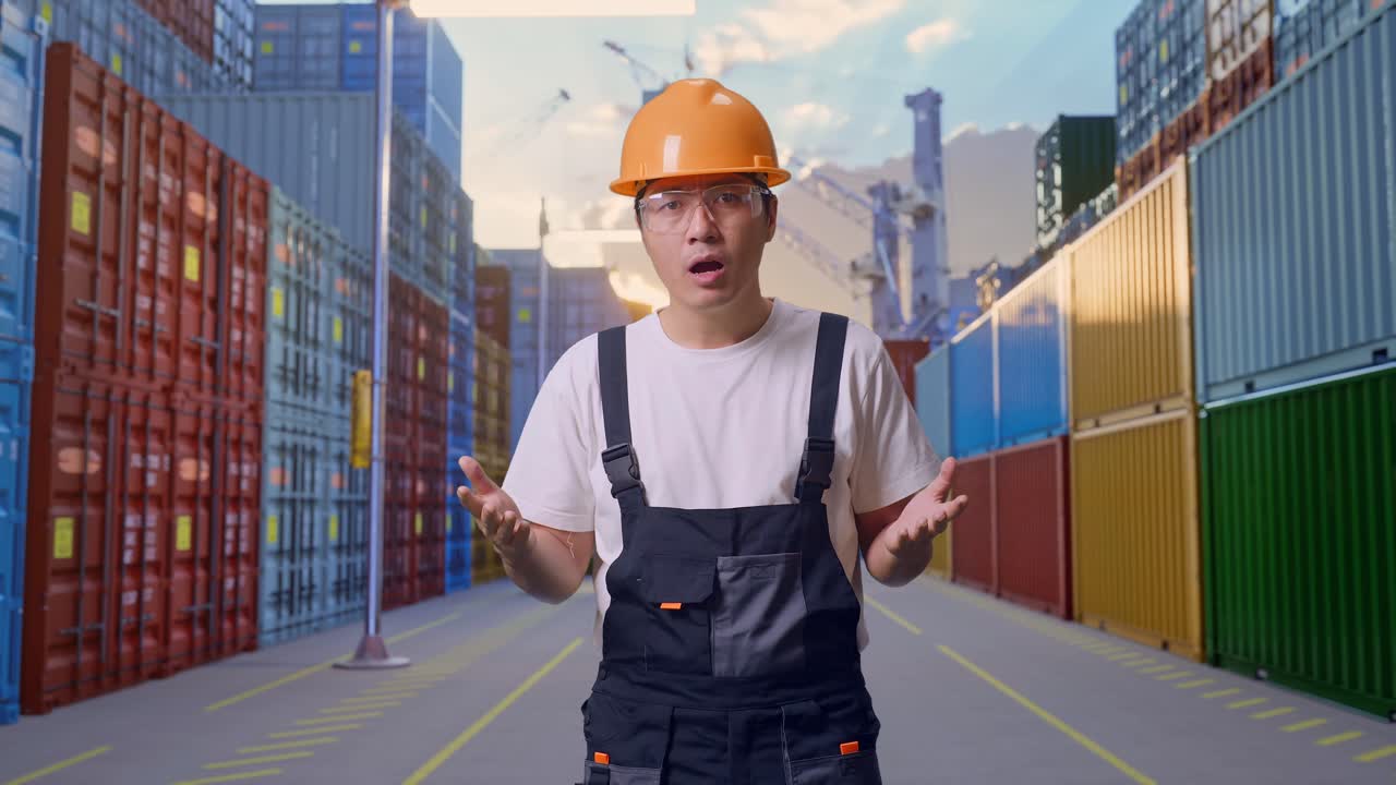 Wondering Asian Man Worker Wearing Goggles And Safety Helmet Saying Why And Standing Doubtfully At Container Yard Warehouse