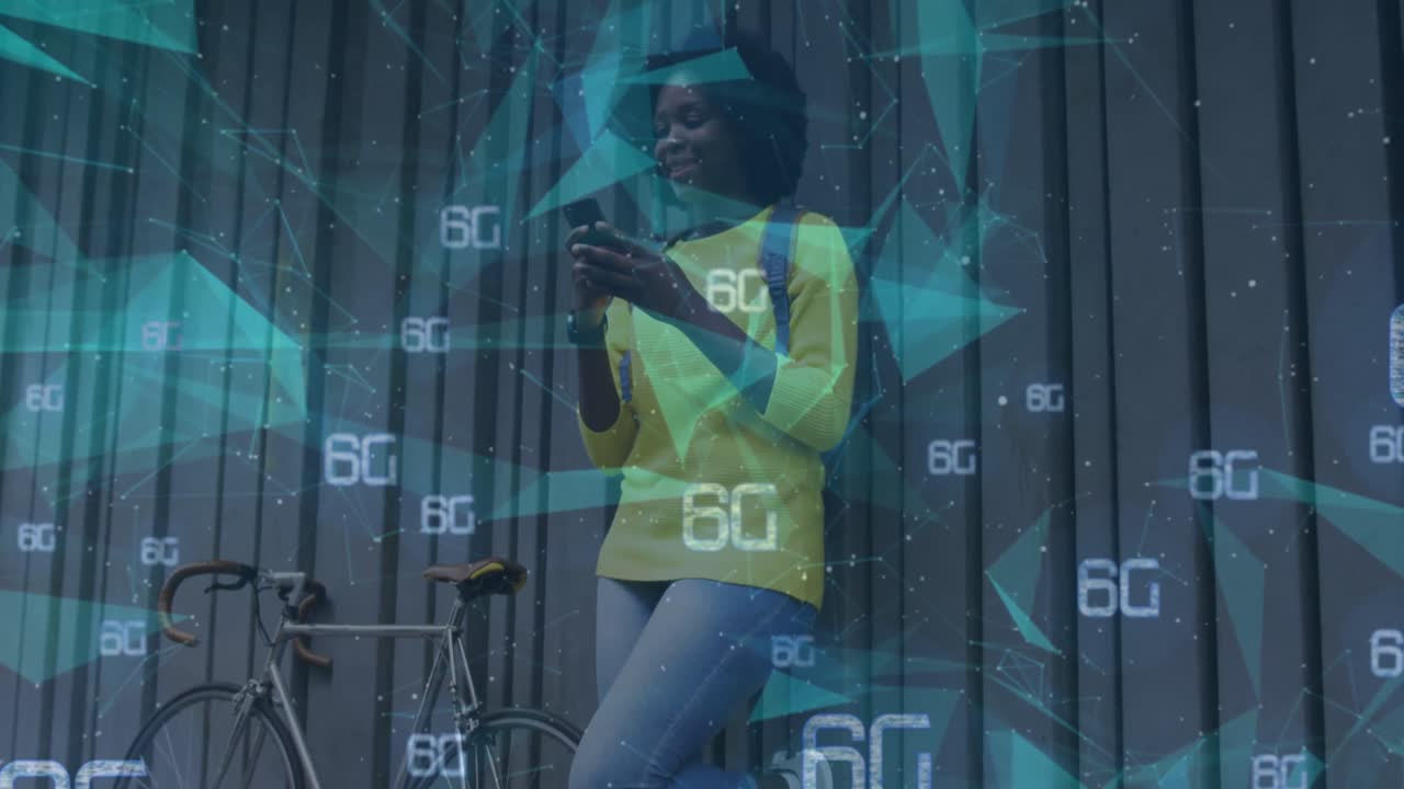 Animation of 5g text and graphical dots with lines over african american happy woman using cellphone