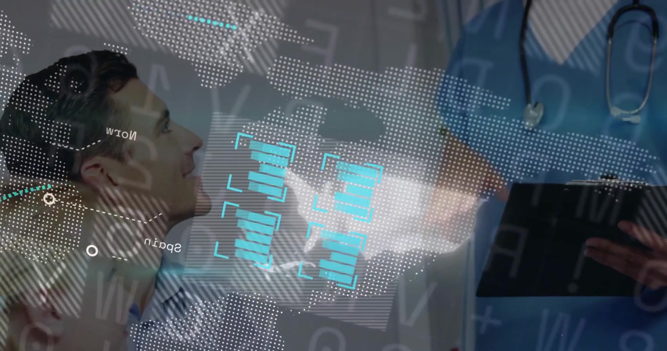Doctor tapping tablet and revealing teal bars with overlay while family watching for consultation
