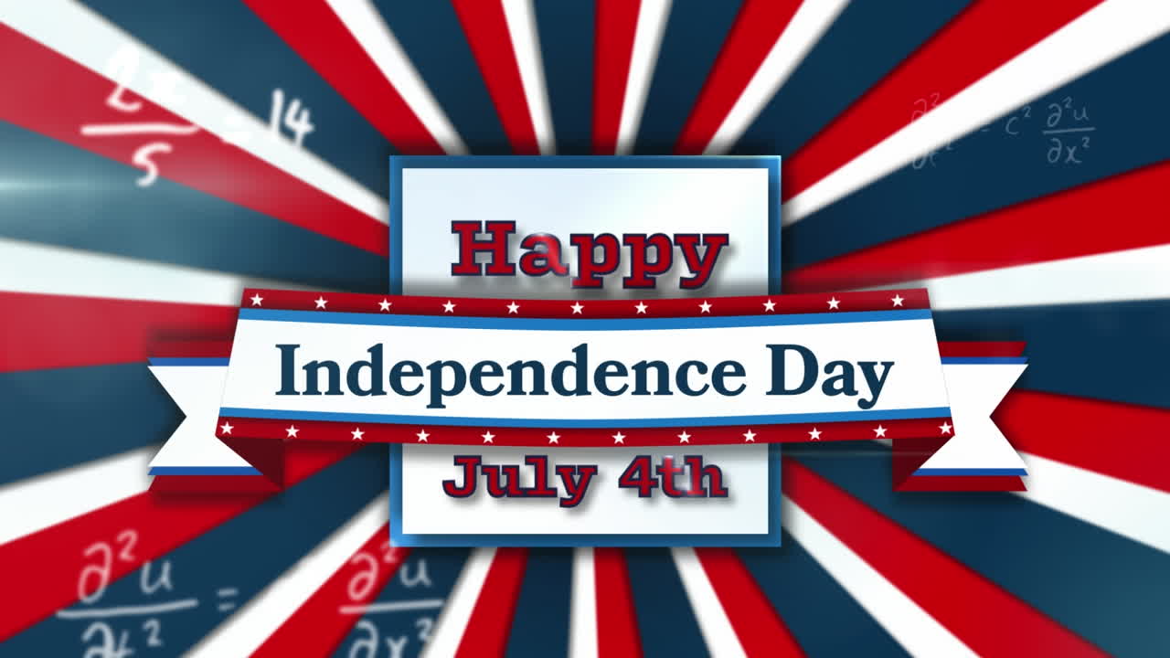 수학적 방정식과 독립기념일 텍스트 배너가 방사선 배경에 있습니다.