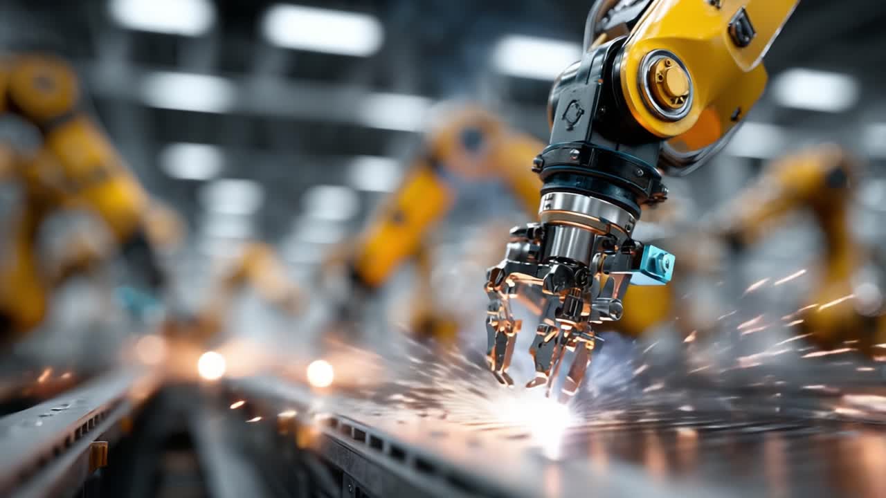 Advanced robotic arms in an automated industrial environment, showcasing precision assembly and manufacturing processes, with sparks flying from the machinery