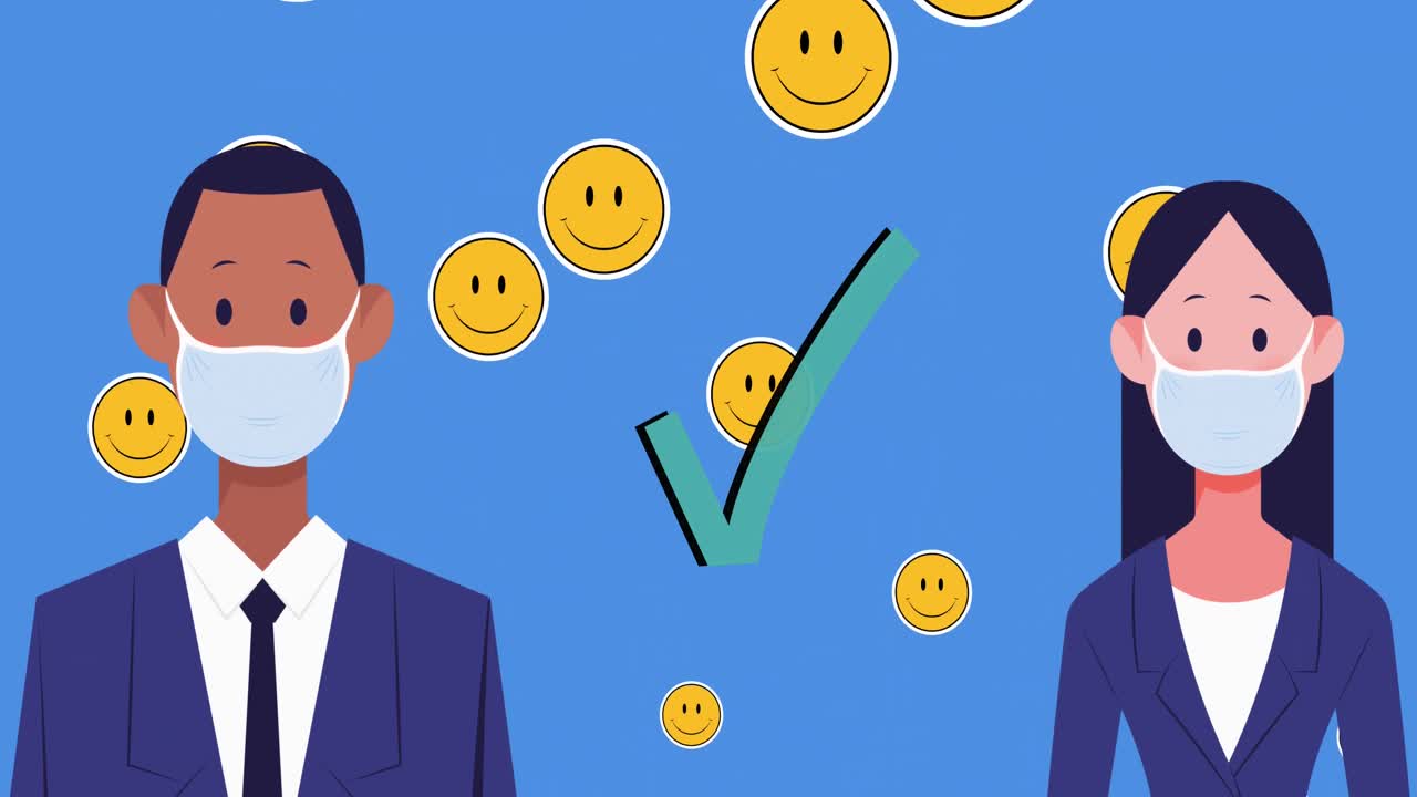 얼굴 마스크를 착용한 남성과 여성 아이콘은 웃는 얼굴 이모티콘에 대해 사회적 거리를 유지합니다.