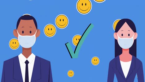 íconos-De-Hombres-Y-Mujeres-Con-Máscaras-Faciales-Que-Mantienen-El-Distanciamiento-Social-Contra-Emojis-De-Caras-Sonrientes