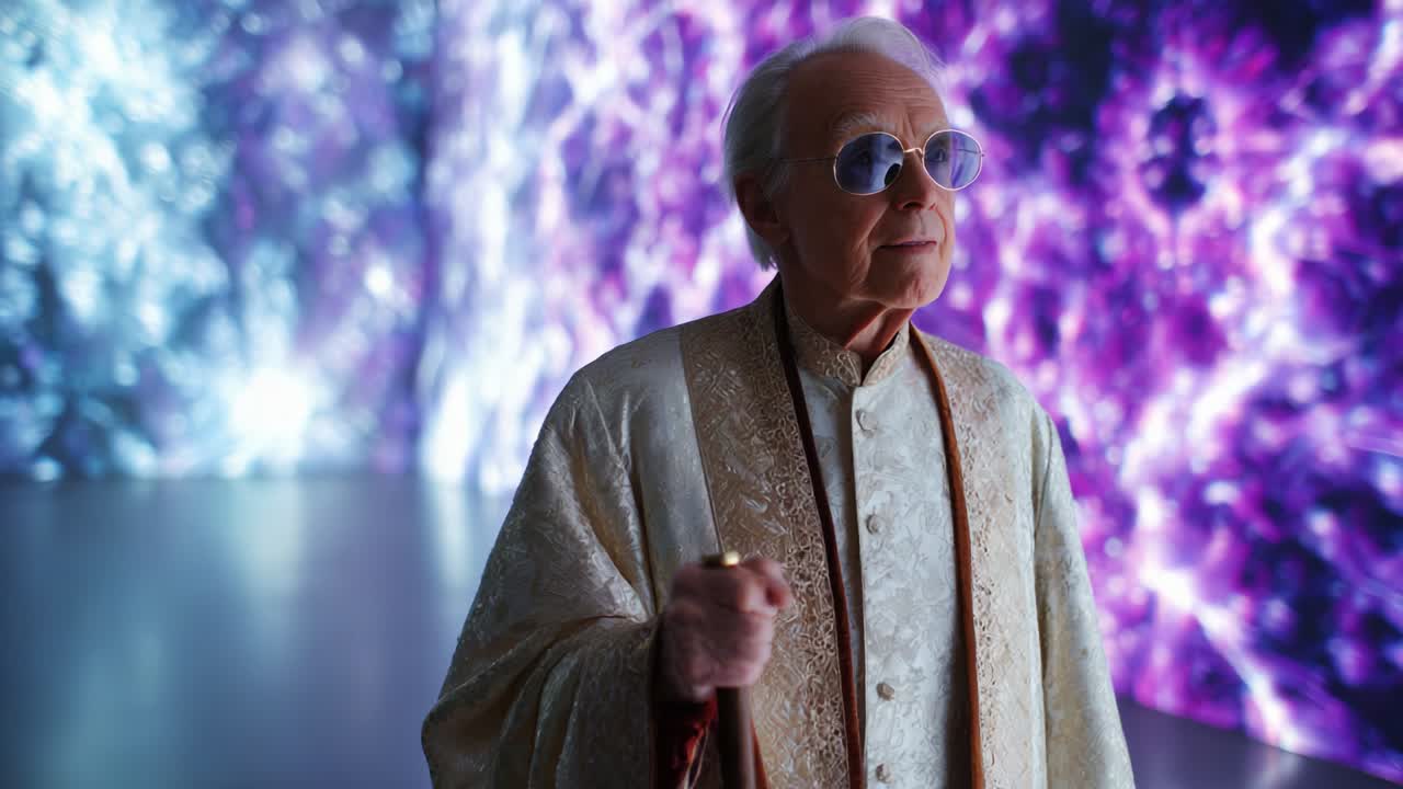 A wise figure stands in a surreal luminescent environment, adorned in elegant garments, showcasing a blend of wisdom and mystery amidst vibrant cosmic patterns and ethereal colors, representing profound knowledge and experience