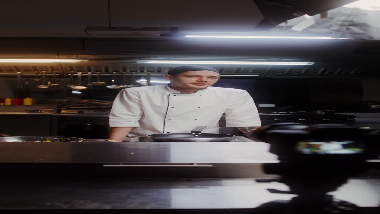 chef en una cocina profesional demostrando técnicas de cocina.