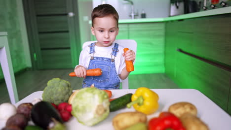 kid loves healthy snacks at home. young child sits at a table in a modern kitchen, happily munching on a carrot surrounded by fresh vegetables