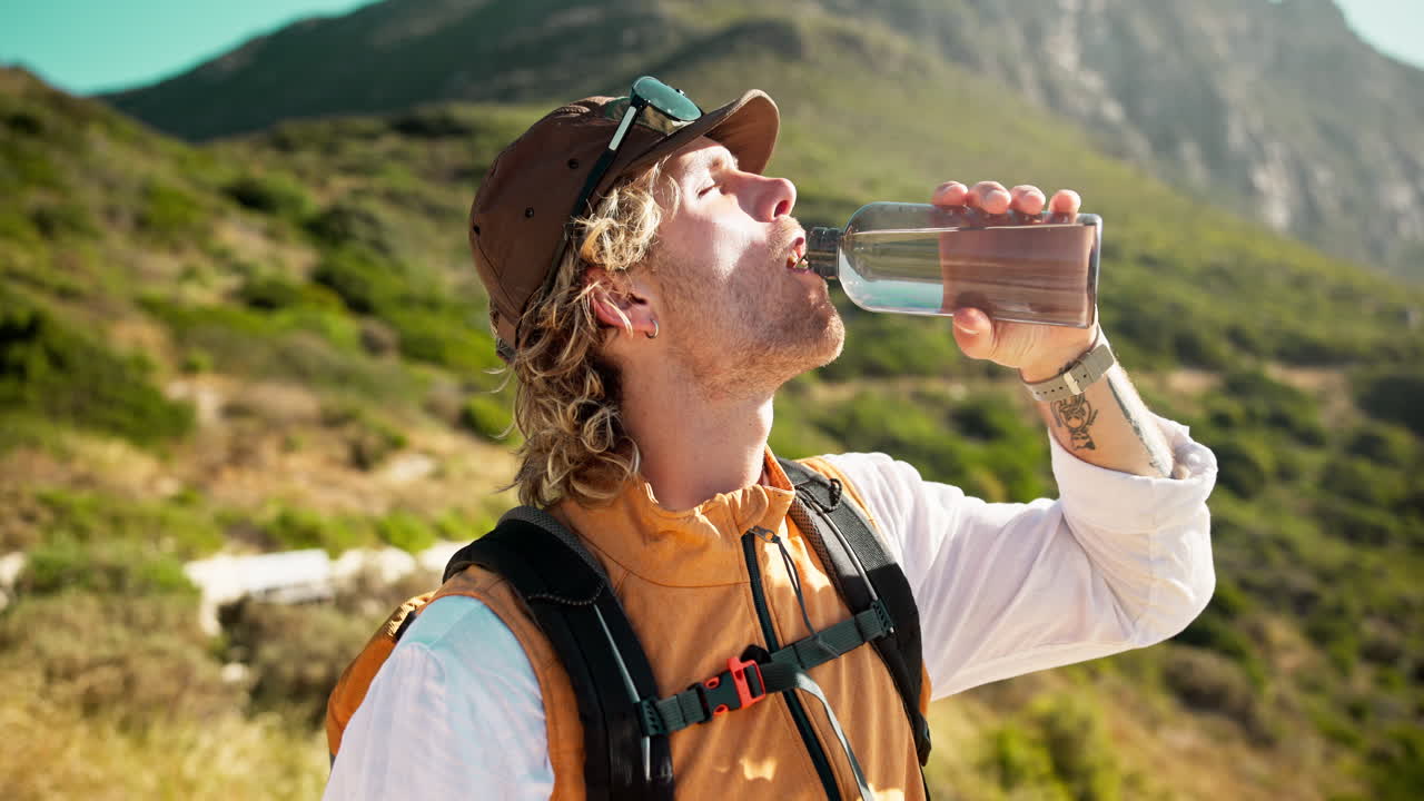 Giovane uomo che beve acqua mentre fa escursioni in montagna soleggiata