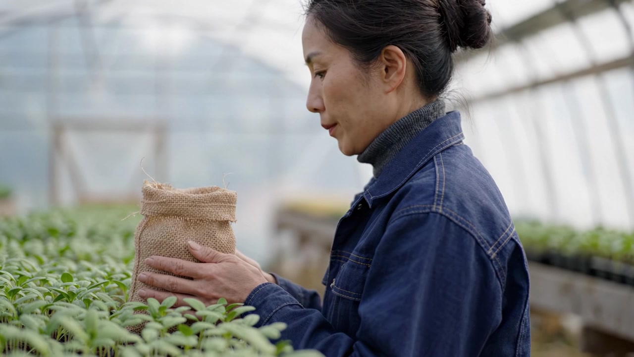 A focused woman examines a burlap sack in a greenhouse filled with thriving young plants, showcasing dedication to nurturing growth and sustainable agriculture.
