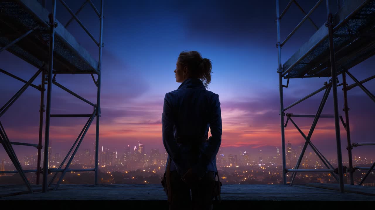 A City Skyline at Dusk: A Silhouette of a Person Overlooking the Urban Landscape from a Height, Framed by Scaffolding Against the Beautiful Twilight Colors of the Evening Sky