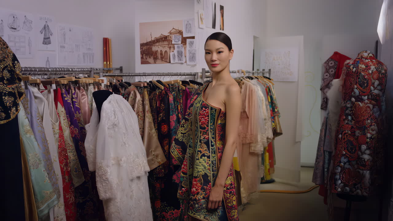 An elegant woman in an ornate dress in a fashion design studio