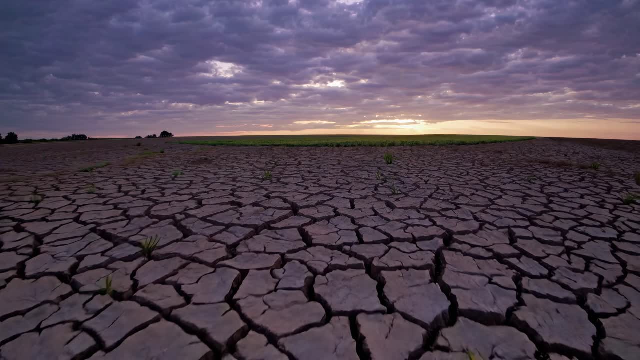 Drought-stricken landscape with cracked earth and a distant green field under a cloudy sunset sky