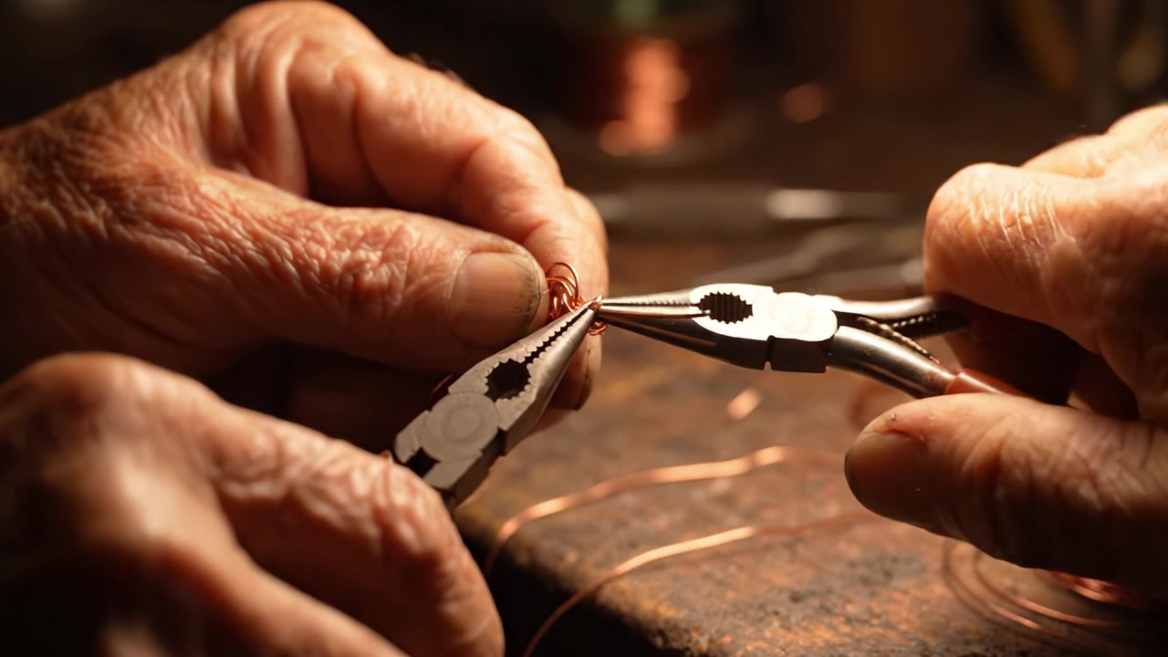 Artisan Craftsman Skillfully Twisting Copper Wire with Pliers, Showcasing Precision in Metalwork and Handcraft Techniques for Unique Creations