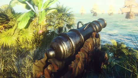 the medieval cannon is ready for battle against the ship's fleet. a cannon in the middle of green grass on an island, on a sunny morning.