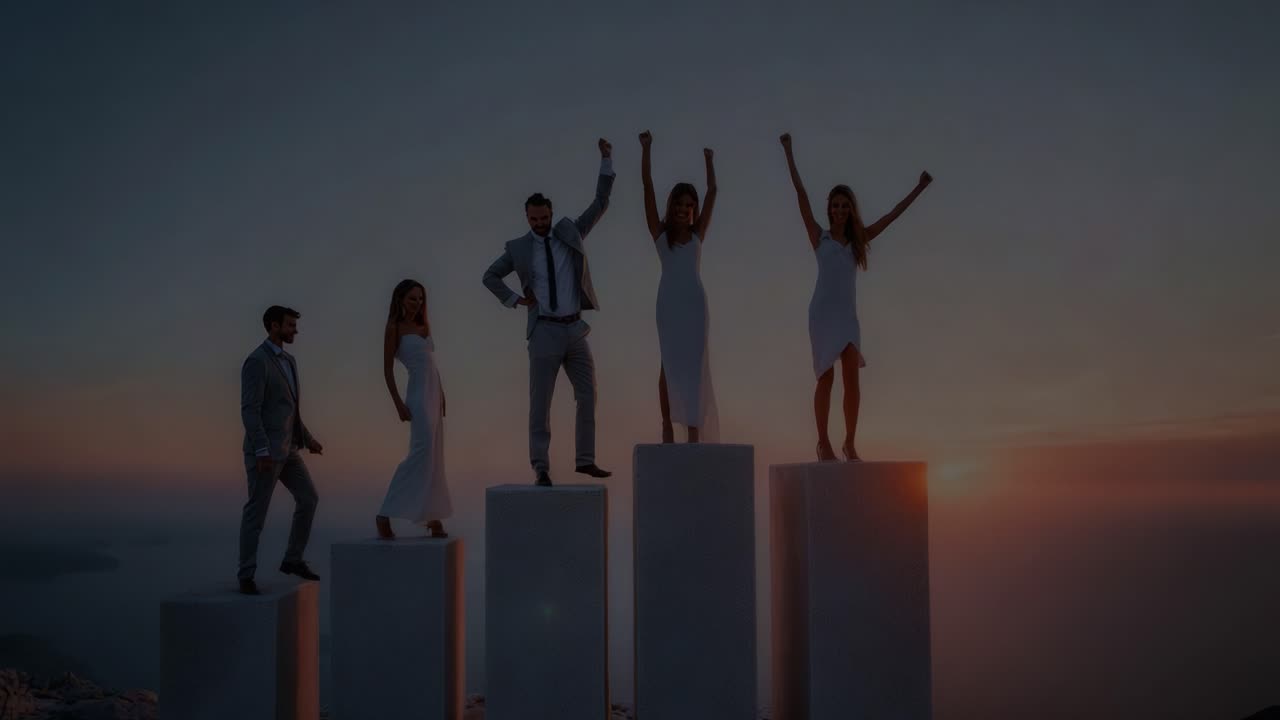 A group of five individuals celebrating success on top of ascending white pedestals against a stunning sunset, symbolizing achievement, triumph, and unity in their journey together