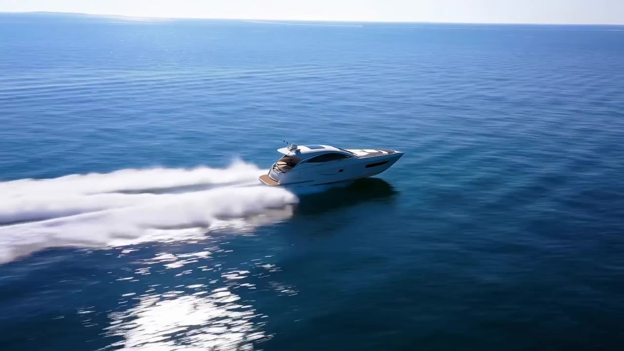 Elegante yacht a motore bianco si muove verso destra su un mare calmo e blu profondo, creando una larga doppia scia e spruzzi sottili sotto un cielo sereno, con riflessi illuminati dal sole, orizzonte aperto e una spaziosa scena marittima.