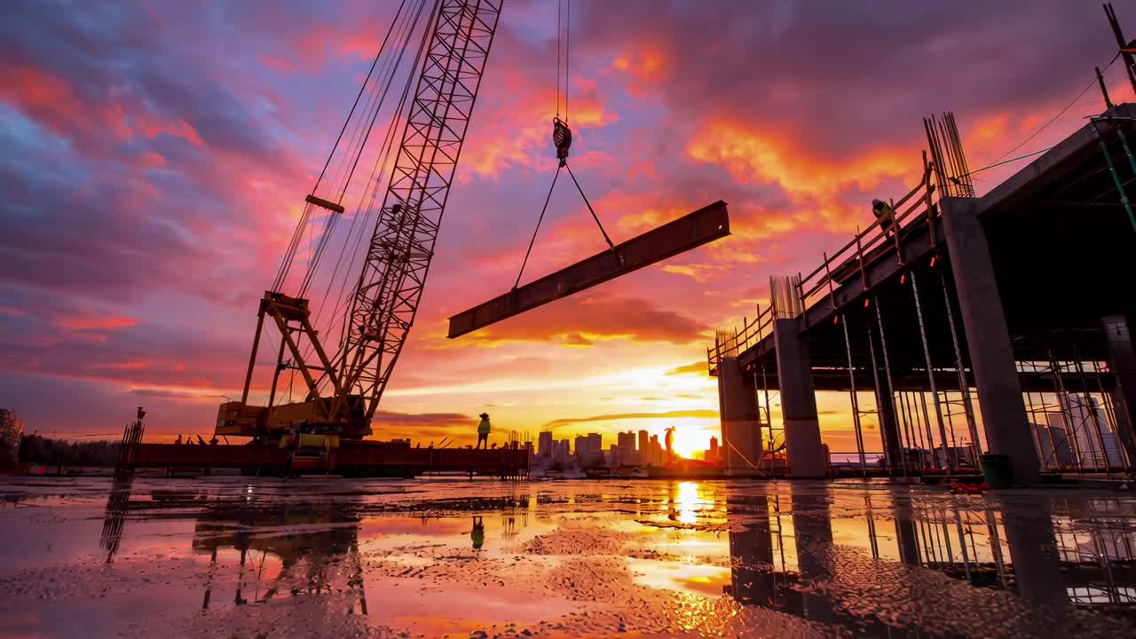 Dramatic sunset video of a construction site with a low-angle view, capturing a crane lifting