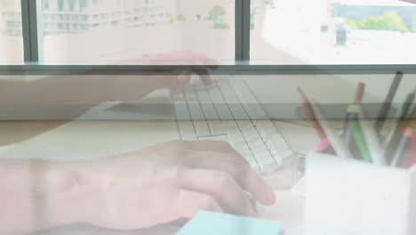 Animation-of-hands-using-laptop-over-male-and-female-colleague-walking-in-modern-building