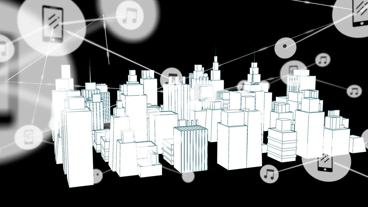 Animation of networks of connections with icons over 3d city drawing spinning on black background