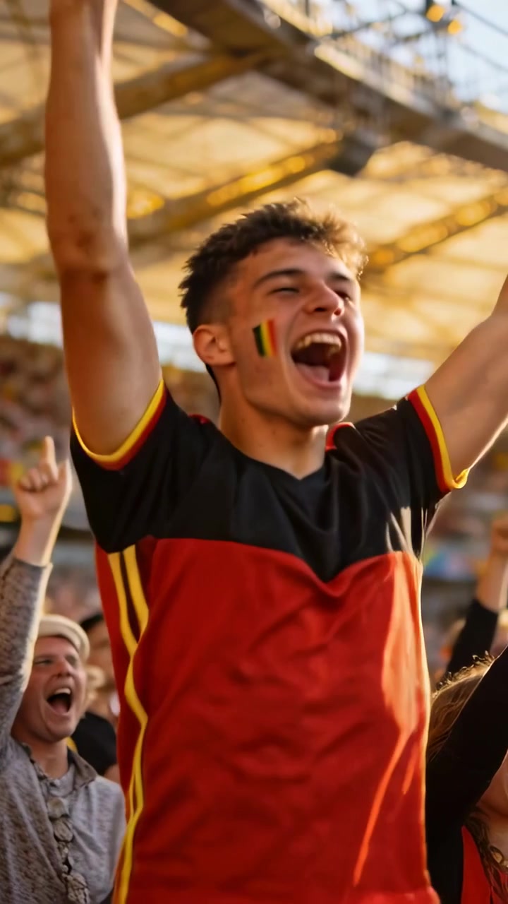 Video vertical: Hombre celebrando un gol, levantando los puños y gritando en las gradas, con camiseta y pintura facial.