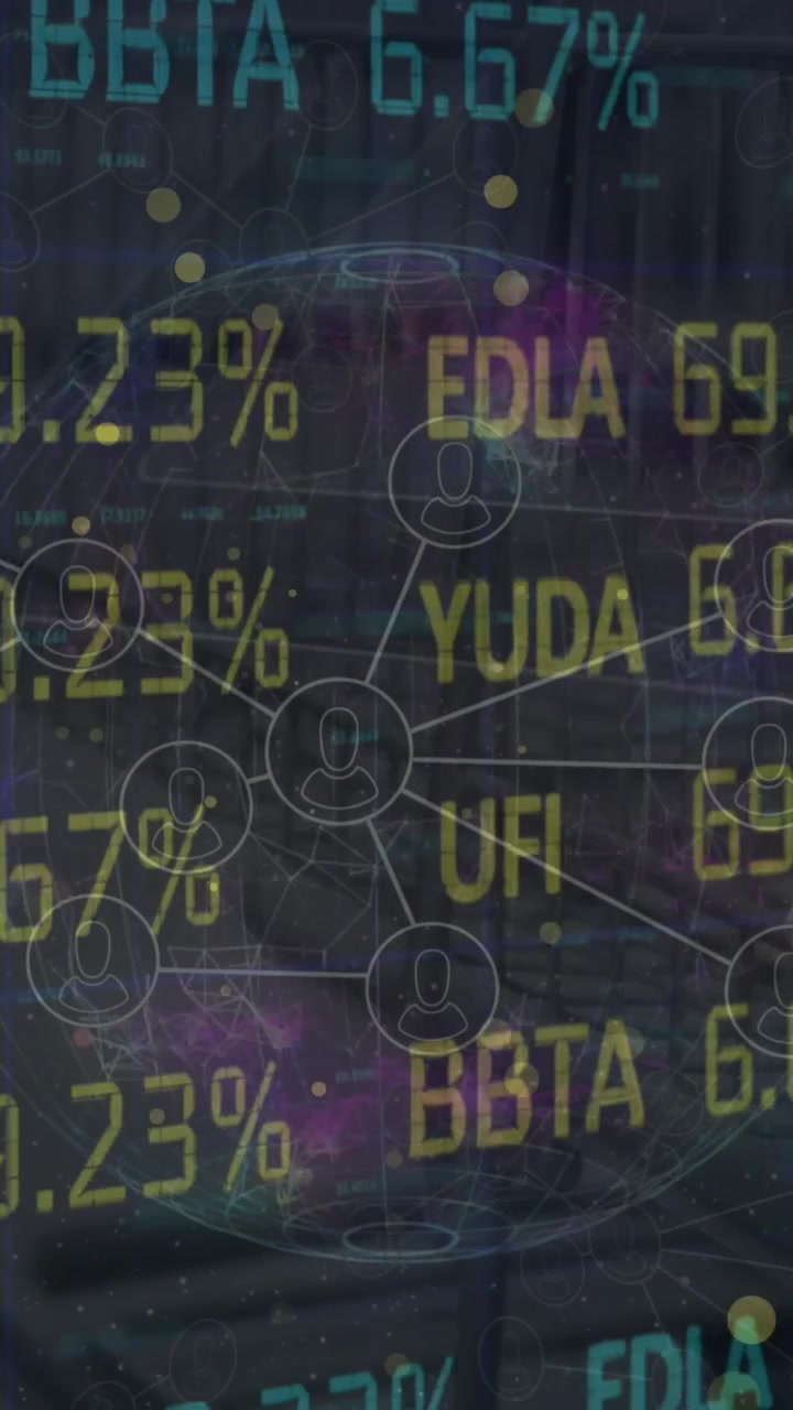 Animasi pemrosesan data dan pasar saham di atas pemandangan kota