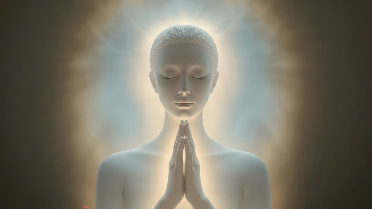 Meditating bare-shouldered figure holding hands at chin in studio with halo pulsing causing shadows