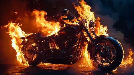 a motorcycle is engulfed by flames on a dark background