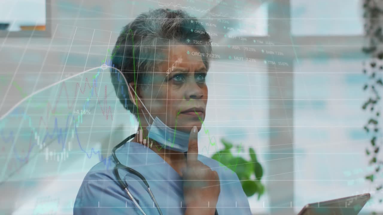 Animation of data processing over african american female doctor with tablet