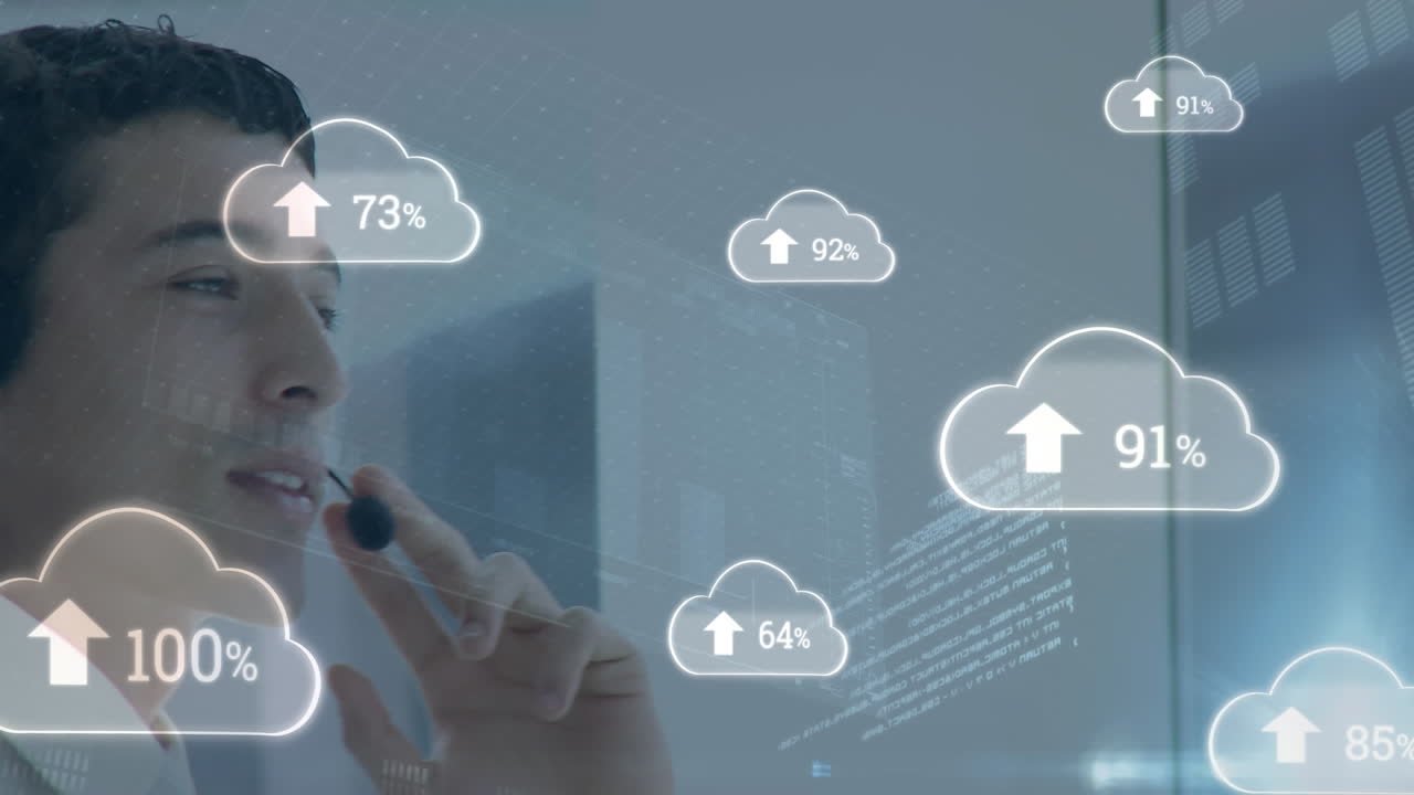 아이콘과 아이콘의 애니메이션 구름과 사업가 위의 하늘