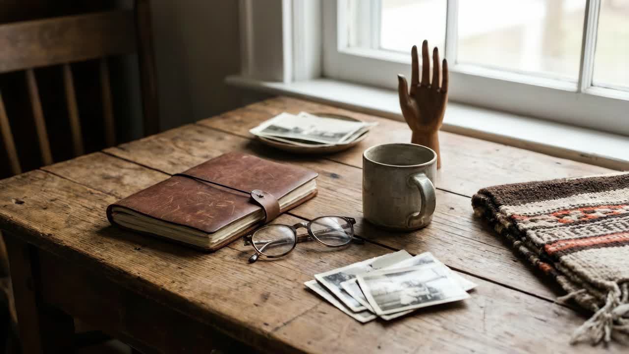 A rustic wooden table with vintage items
