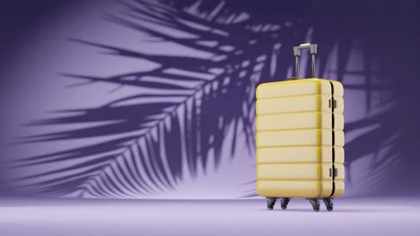 3d renderización de animación maleta de equipaje con hoja de palma en fondo púrpura sombra concepto de viaje temporada de vacaciones
