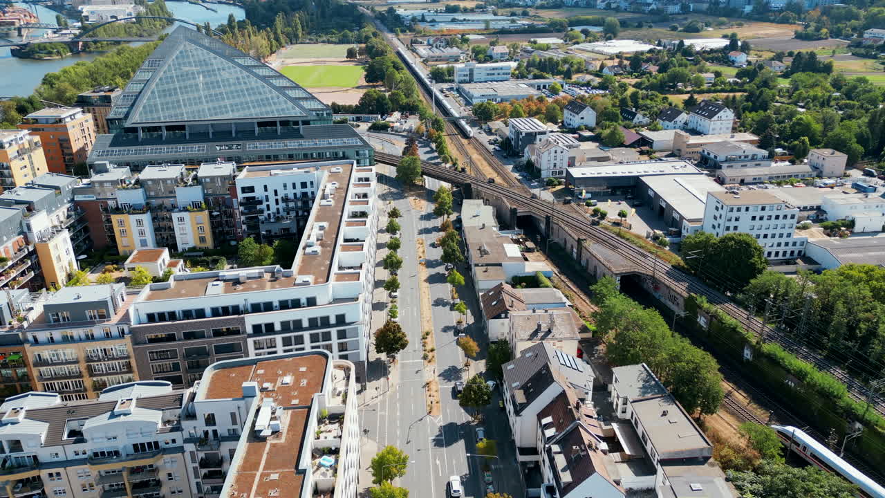 Aerial drone view of the Main Triangle office building in Frankfurt, Germany