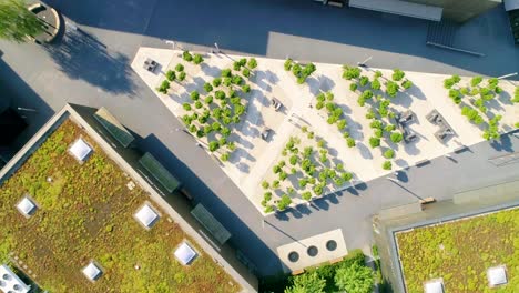 Aerial birdseye view of a modern plaza with angular shapes, small green trees, people, and surrounded by shops with greed roofs pull back