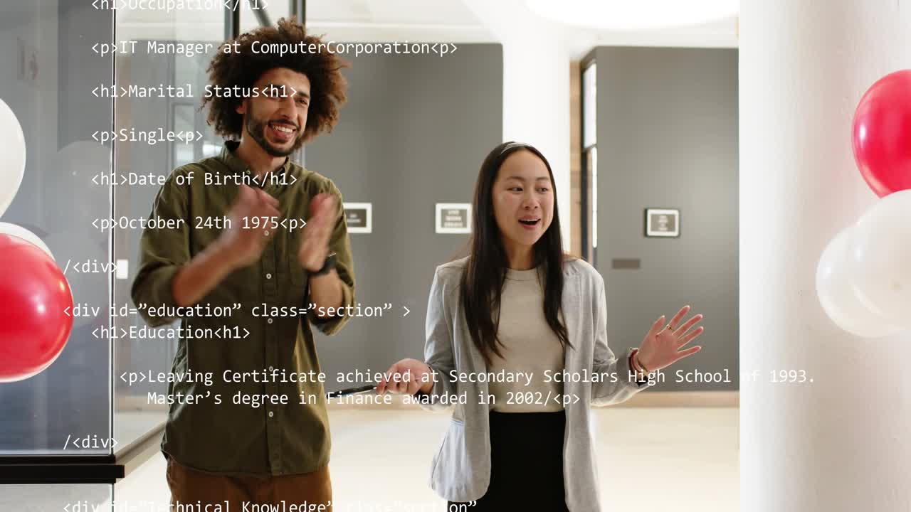 Woman raising scissors cutting red ribbon, man smiling HTML or CSS overlay appearing for tech launch