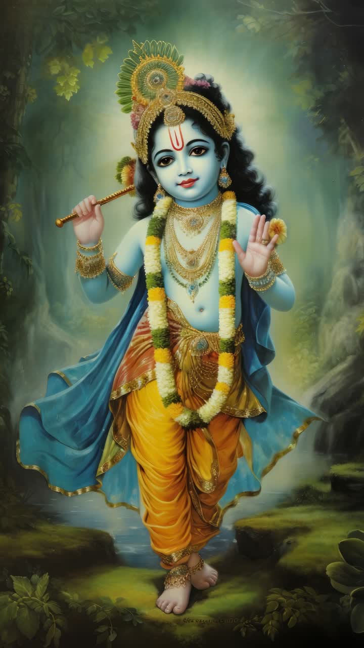 Divine figure in traditional attire, depicted in a serene forest setting