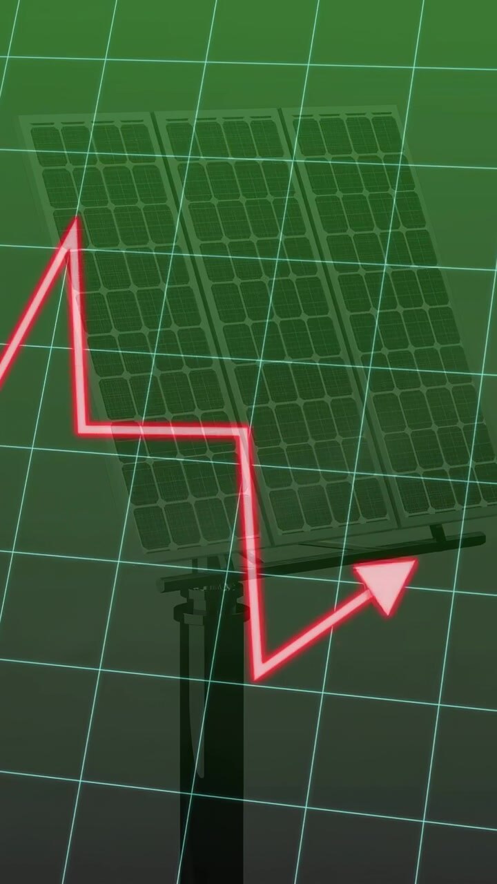 Vertical video: PV array; red arrow TL appearing, morphing into jagged line crossing array, fading