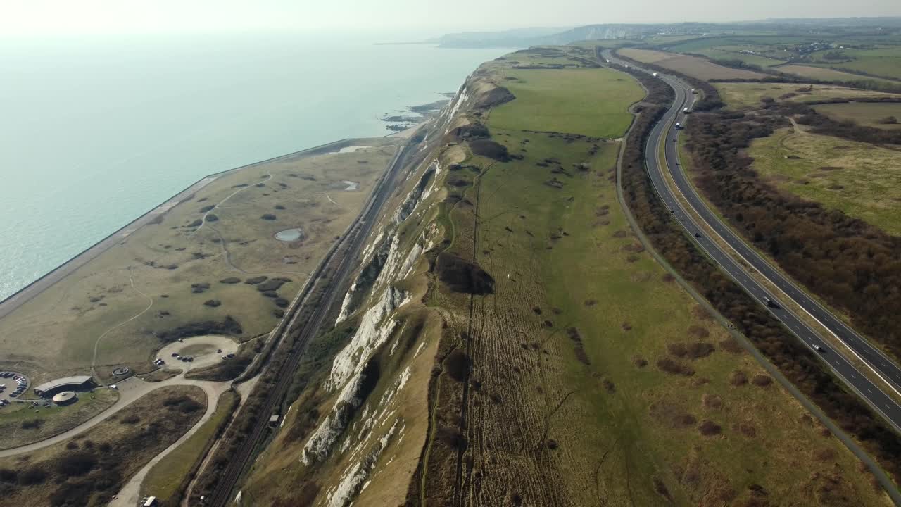 Aerial view of the White Cliffs of Dover and surrounding landscape