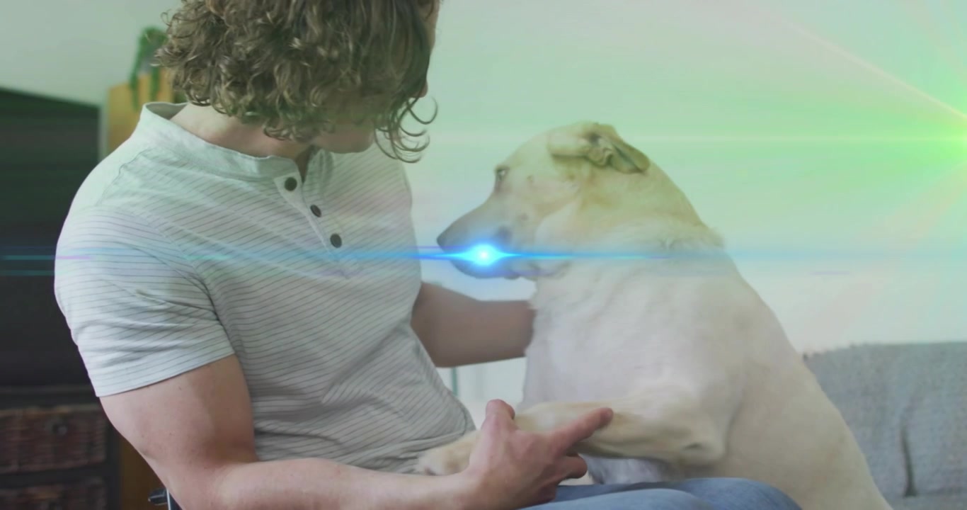 Jovem Acariciando seu Cão Labrador Retriever em Casa