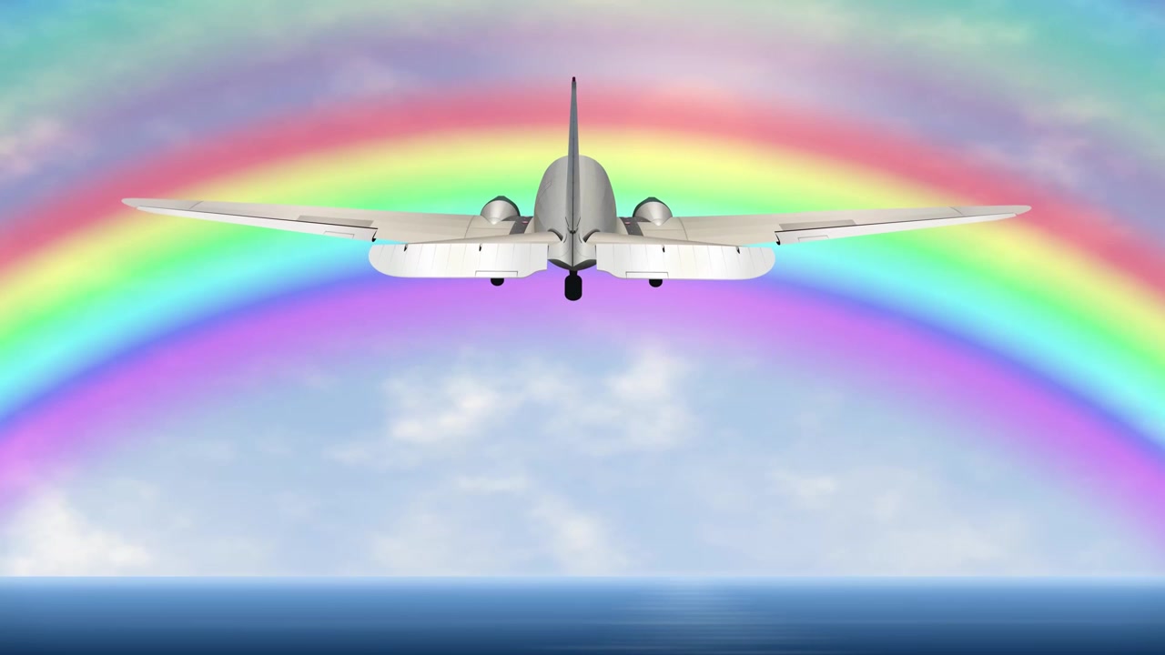 3D-flygplansanimering som flyger mot en livfull regnbåge över ett lugnt blått hav och himmel.