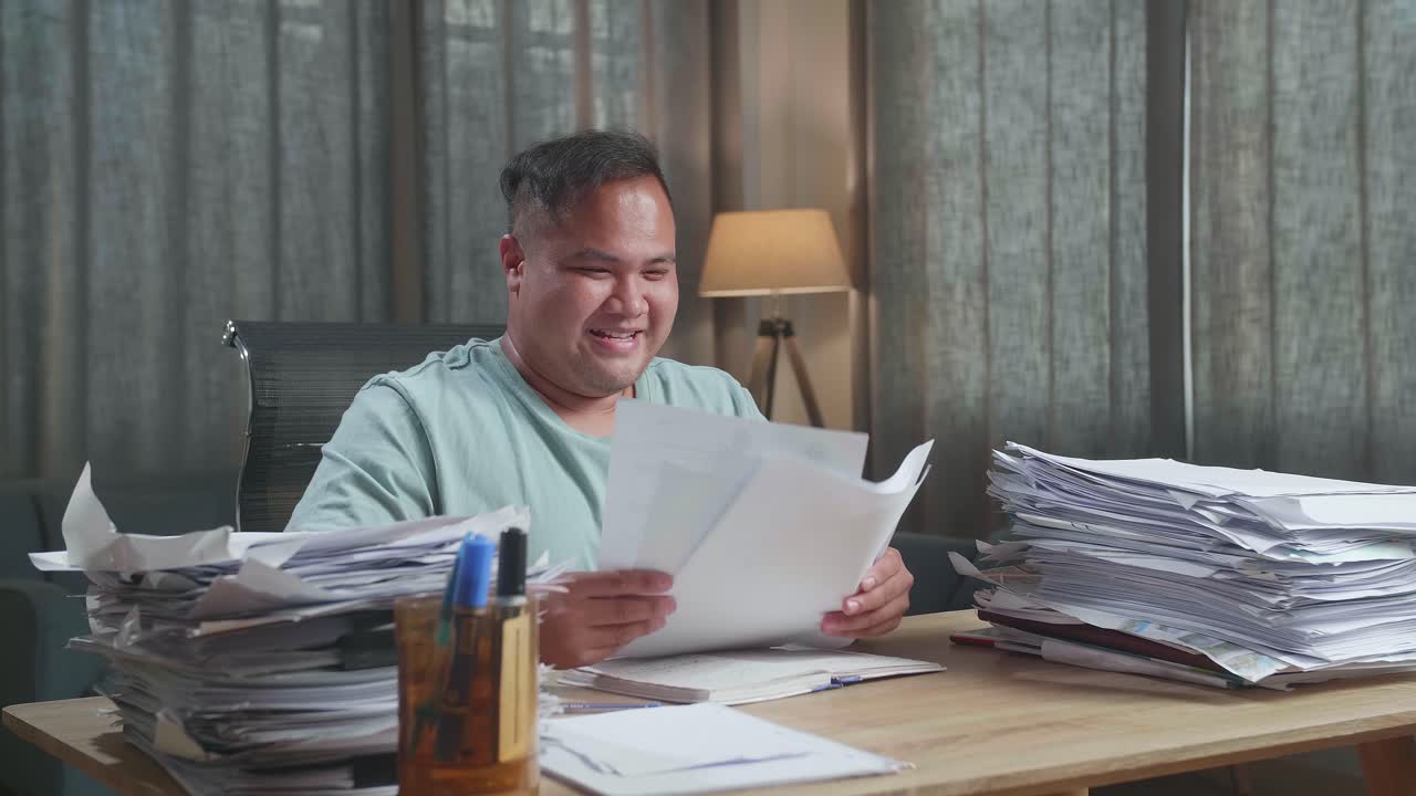 Happy Fat Asian Man Throw Away The Paper And Celebrating Finishing Working With Documents At The Office