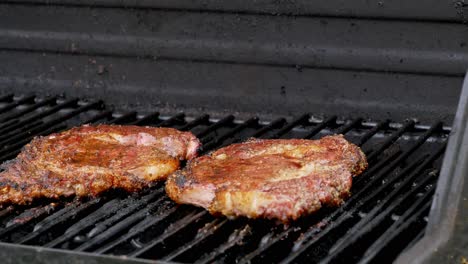 two raw rib-eye steaks cooking on a grill