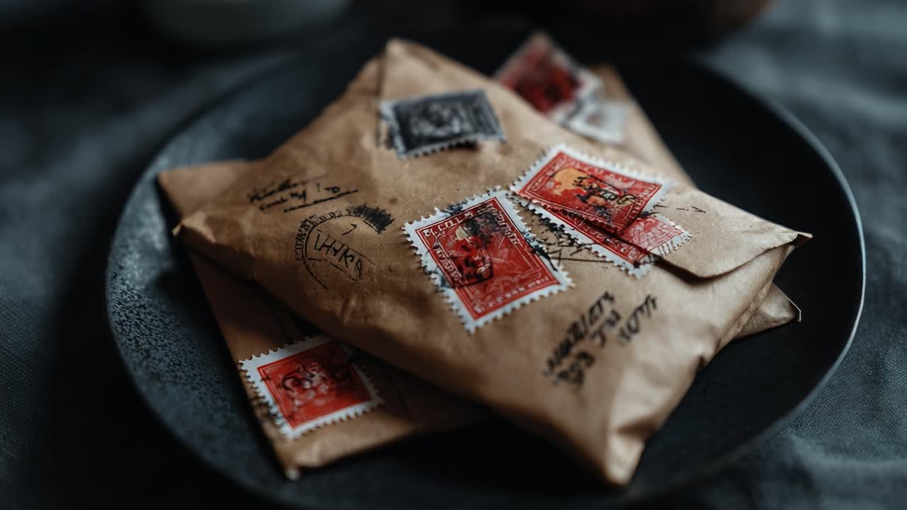 Vintage Letters and Stamps on a Rustic Plate: A Close-up Exploration of Nostalgic Correspondence and Epistolary Artistry from Yesteryears