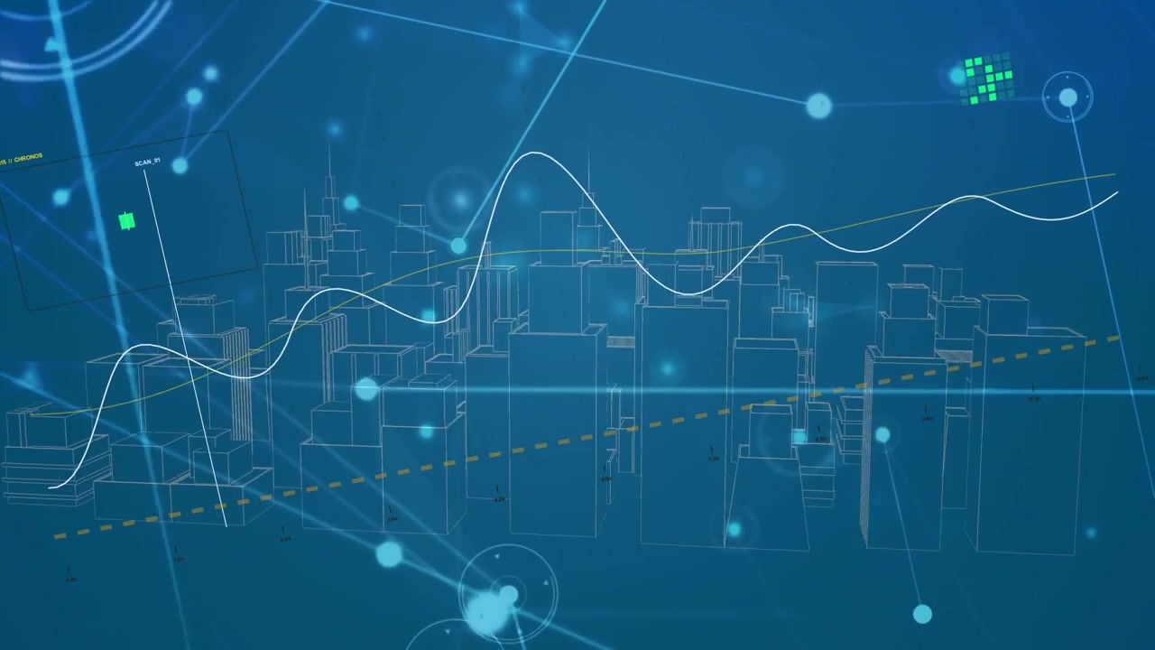 Wireframe city model emerging from faint grid, nodes pulsing, waveform moving to show network flow