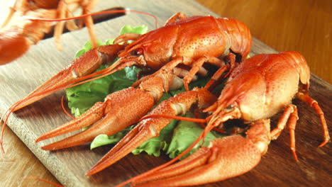 grilled crayfish with salad on wooden board