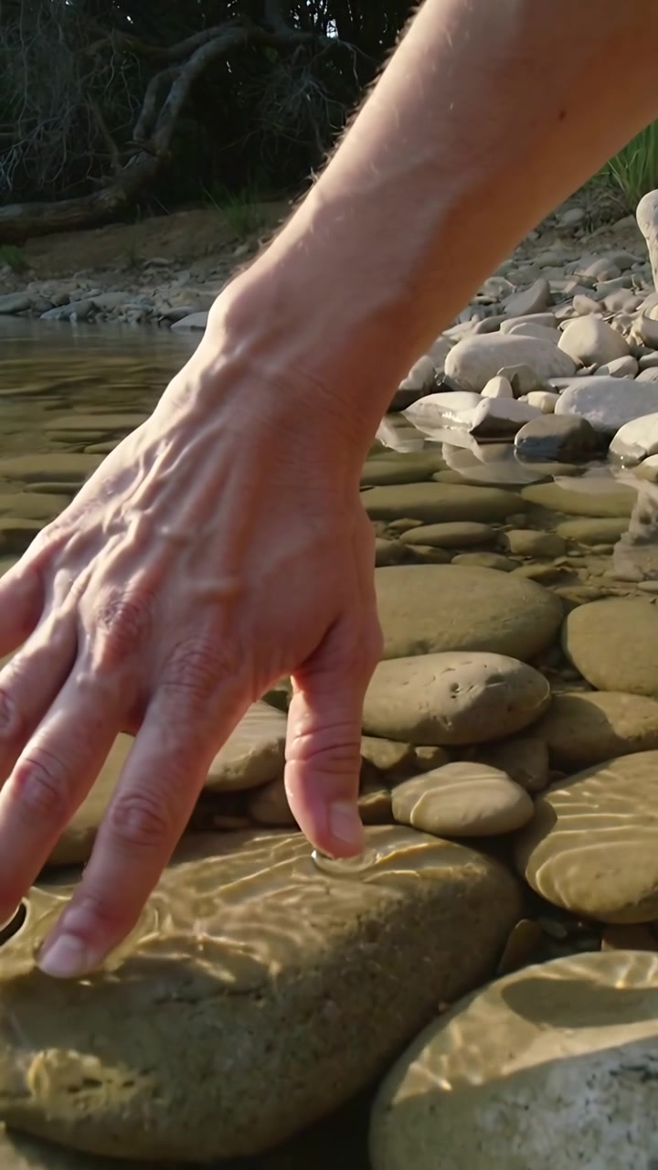 Vertical video: Entering right hand, sliding over stream stones and touching water, causing ripples