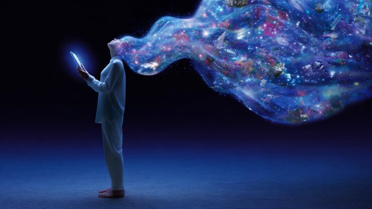 A person stands serenely, holding a glowing device as a surreal cloud of cosmic brilliance flows from their head, blending imagination and reality in a captivating visual representation of creativity and inspiration